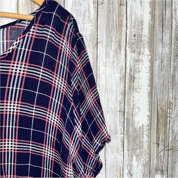 Torrid Harper Georgette Pullover Flutter Blouse in blue, pink, and white plaid - Picture 2 of 6